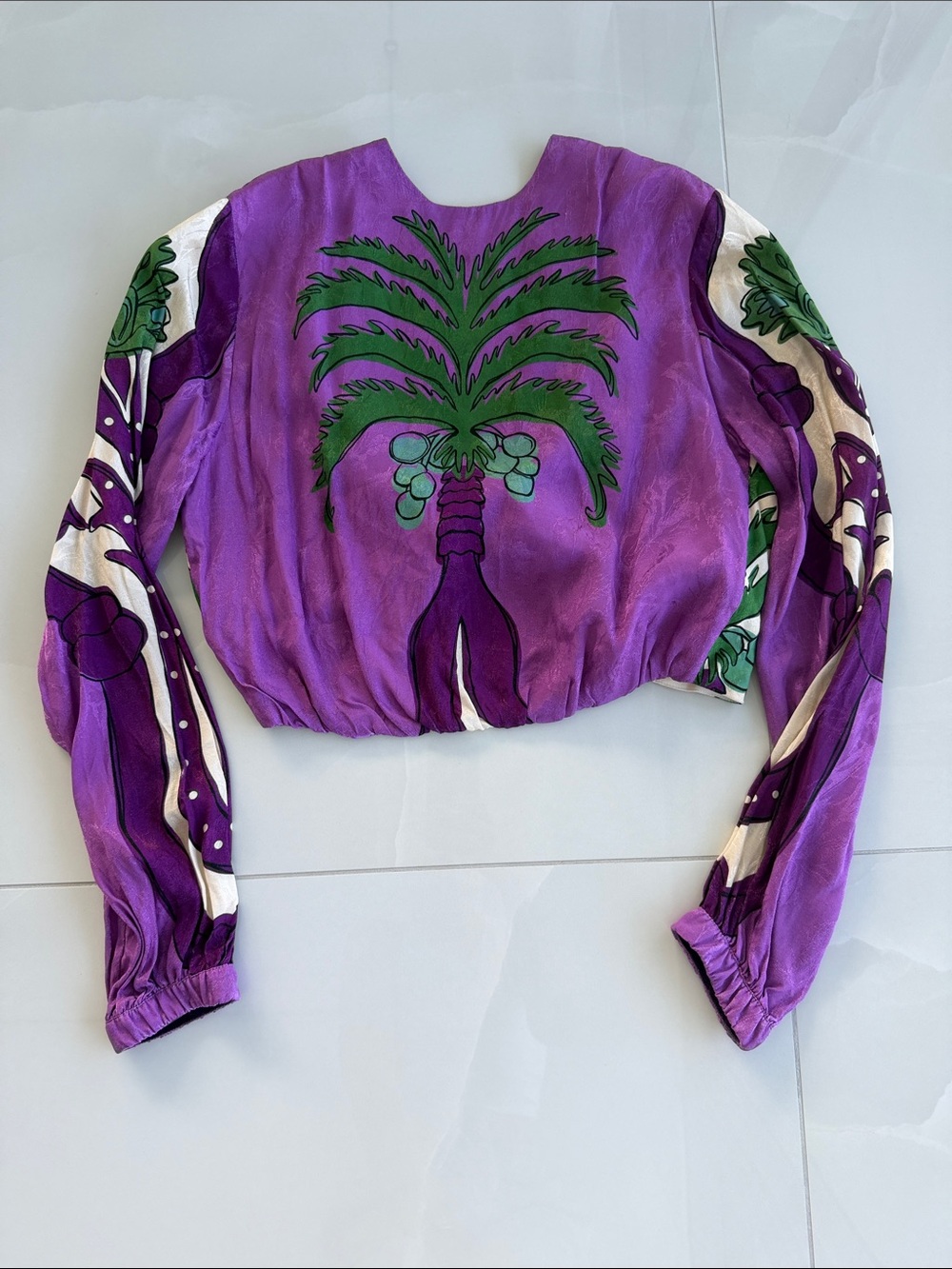 Johanna Ortiz Purple Palm-Print Long-Sleeve Crop Top